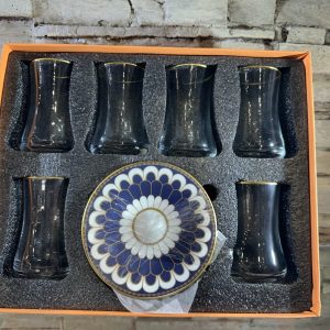 ست 12 پارچه استکان کمرباریک با نعلبکی طرح دار سرمه ای