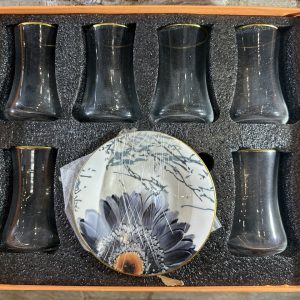 ست 12 پارچه استکان کمرباریک با نعلبکی طرح دار گل صدتومنی سرمه ای